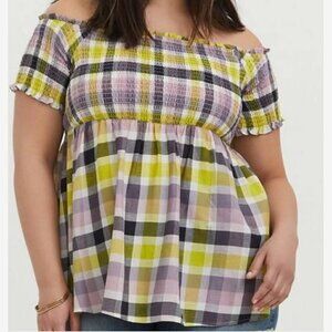 Torrid Peplum Gauze Smocked Off Shoulder Top In Plaid Ivory Women's 1X NEW
